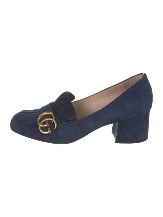 Gucci Shoes - Gucci Kid Scamosciato GG Marmont Fringe 50mm Loafer Pumps 37 Navy